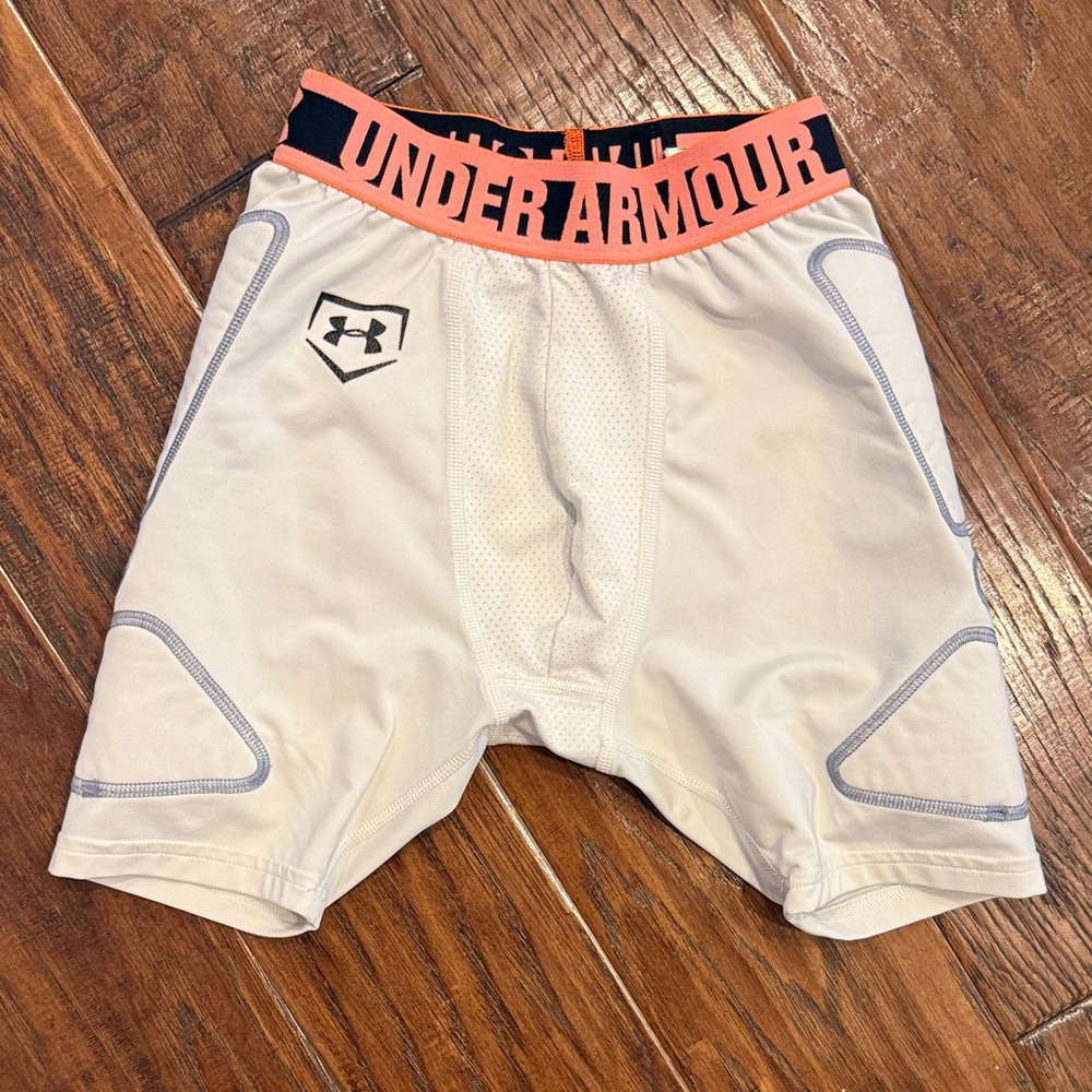 Under Armour Cream Compression Shorts with Neon Orange Waistband
